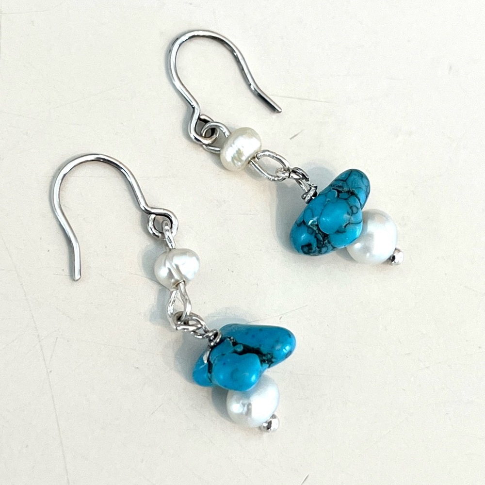 Genuine Turquoise and Pearl Dangle Earrings